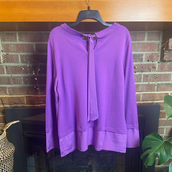 ST. JOHN Purple Knit Sweater with Silk Hem and Tie Back, Size L - Picture 7 of 14